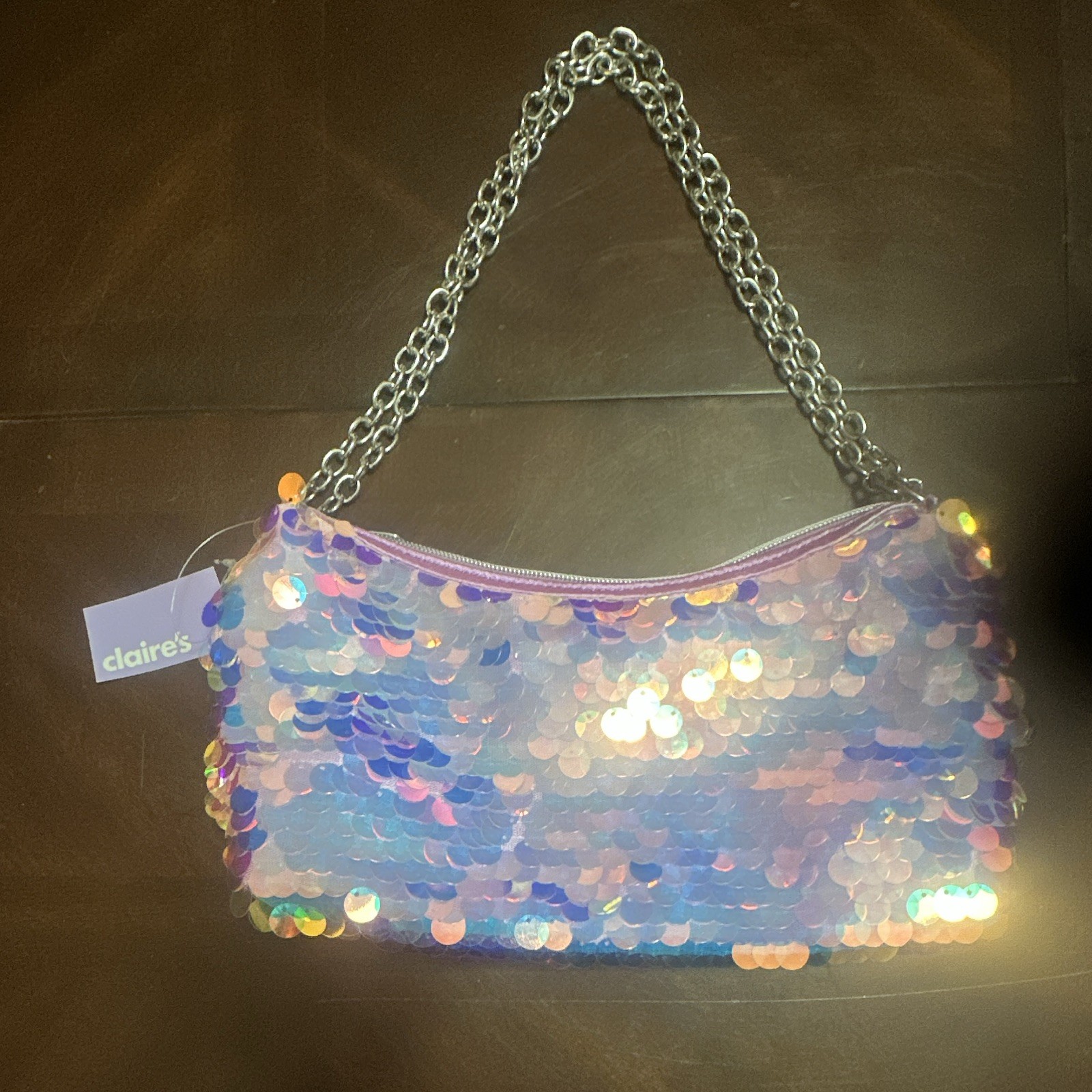 Claire's Sequin Zipper Bag w/ Chain Strap, Multicolor/Purple Iridescent , photo 1