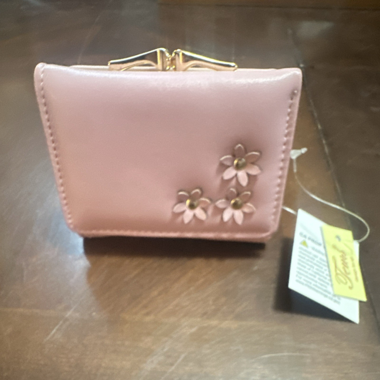 Tems Pink Tri-Fold Women's Wallet Floral Accent Gold Tone Hardware Credit Card, photo 1