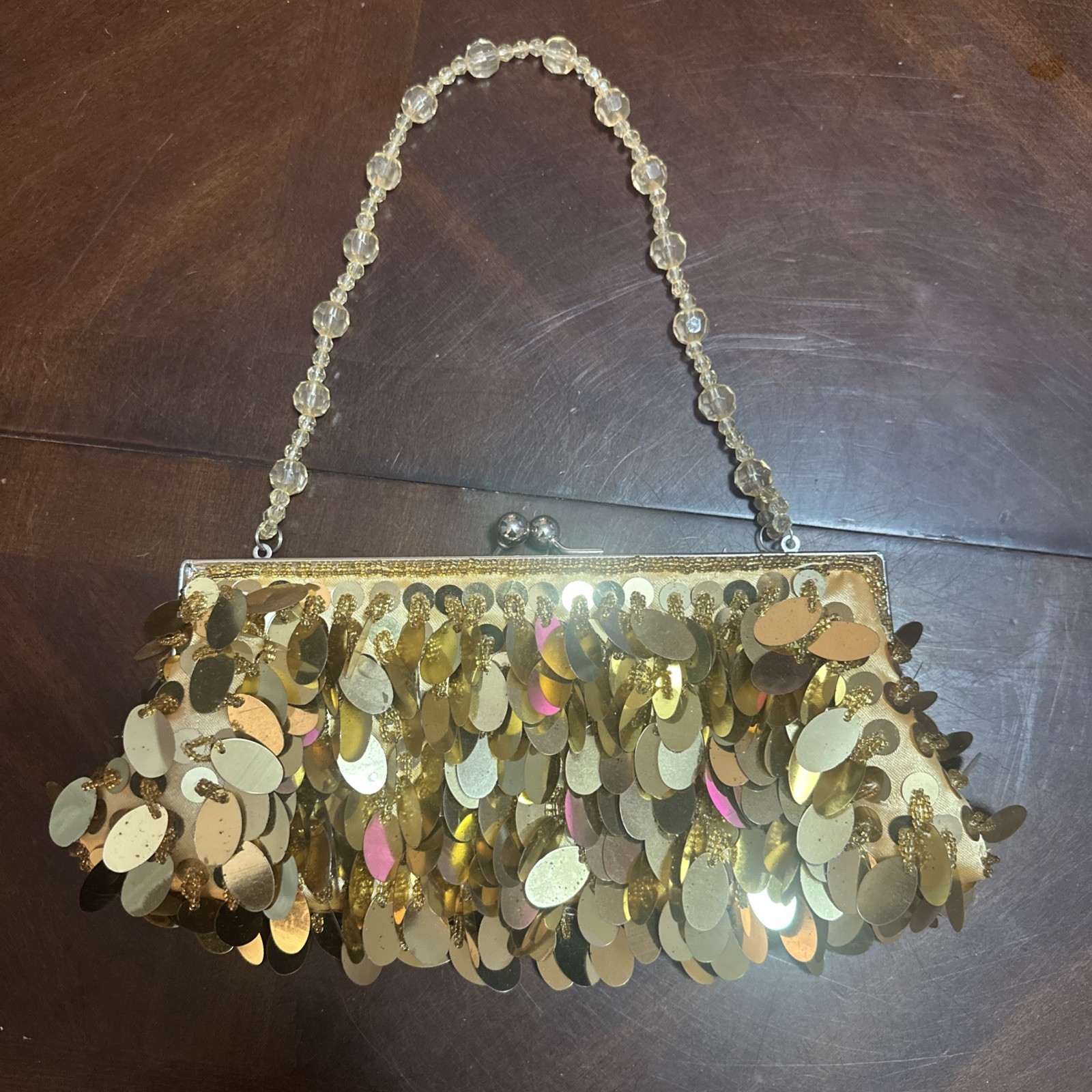 Gold Glam Sequined Beads Evening Bag Purse Kiss Clasp Closure, photo 1