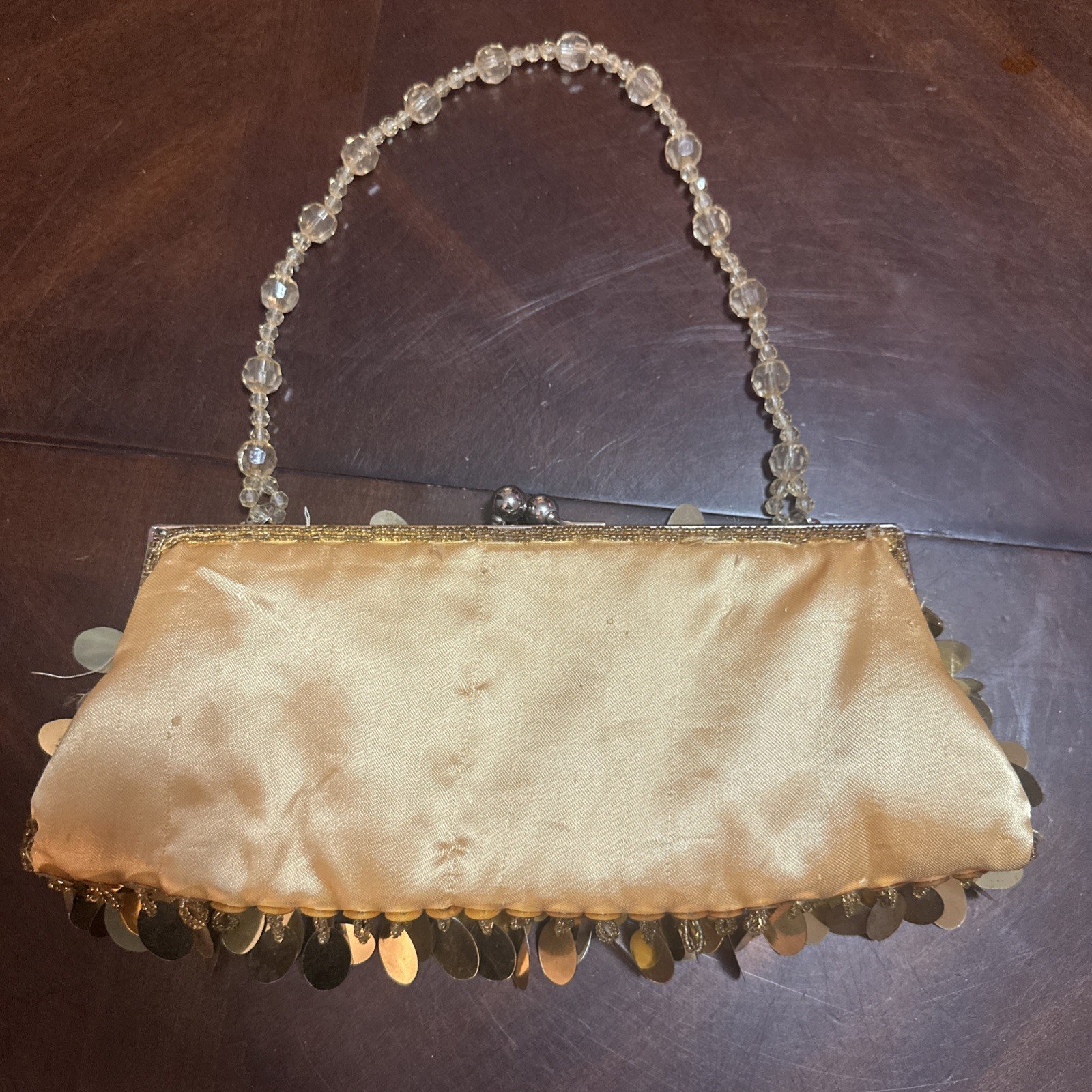 Gold Glam Sequined Beads Evening Bag Purse Kiss Clasp Closure, photo 2