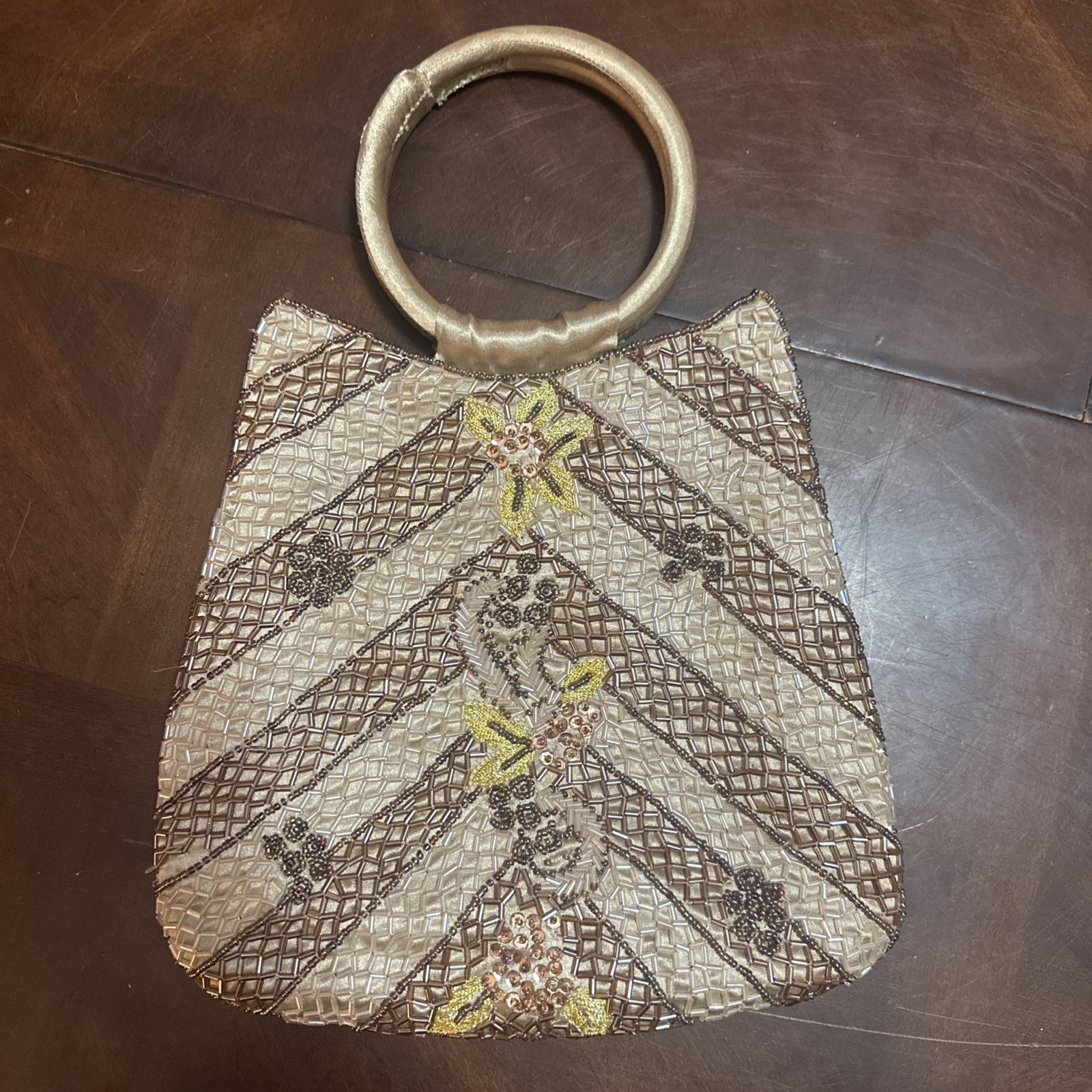 Handmade Tan Beaded Embroidered Satin Two Round Handles Evening Bag Purse, photo 1