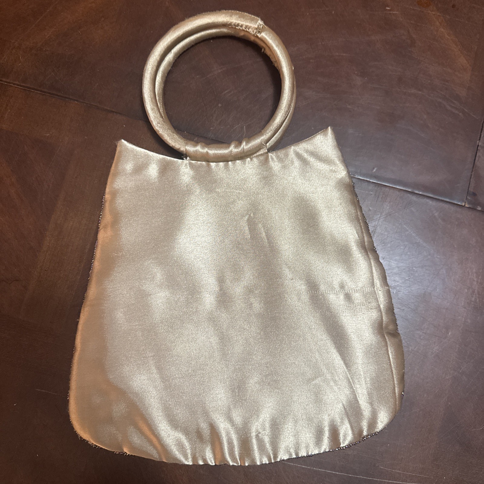 Handmade Tan Beaded Embroidered Satin Two Round Handles Evening Bag Purse, photo 2